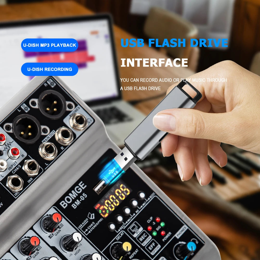 BM05 DJ Mixing Console with Bluetooth USB Audio Interface and 48V Phantom Power
