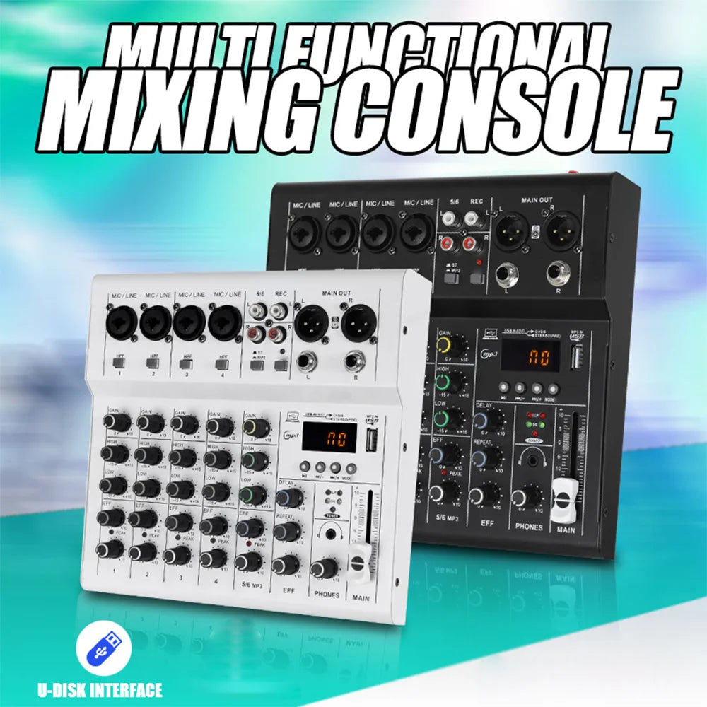 AM6 6 Channel Professional Audio Mixer Console with USB Recording and 48V Phantom Power