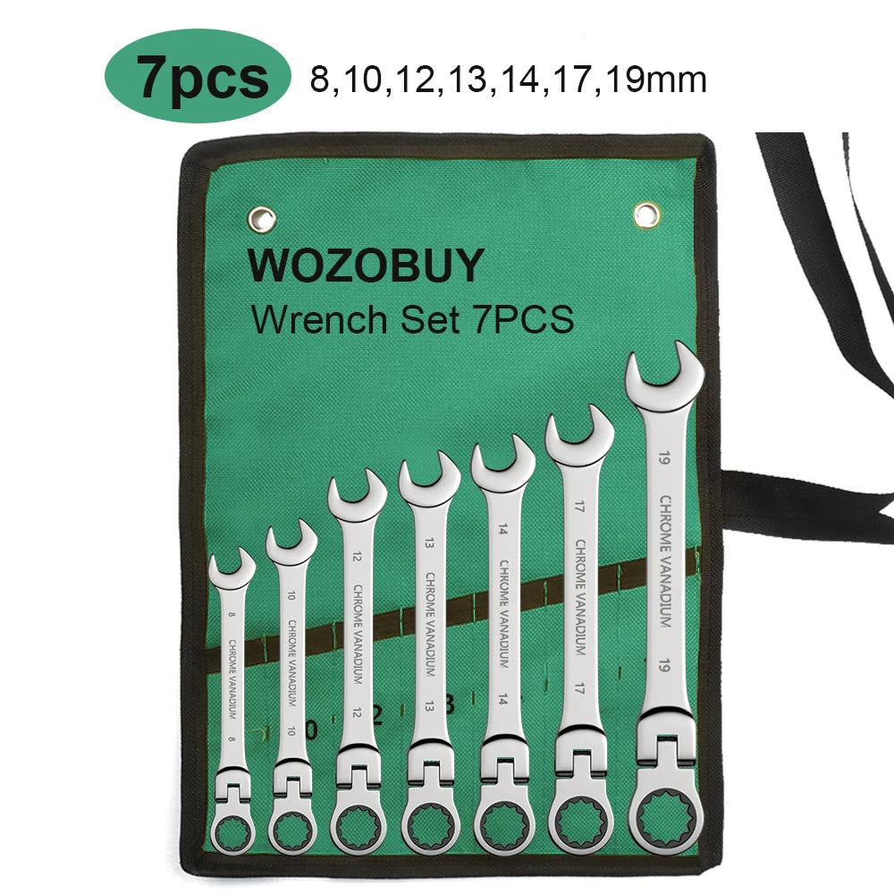 Metric Ratchet Spanner Wrench Set 8–22mm Flex Head 72-Tooth Gear Ring Combination Wrench Kit with Canvas Storage Bag