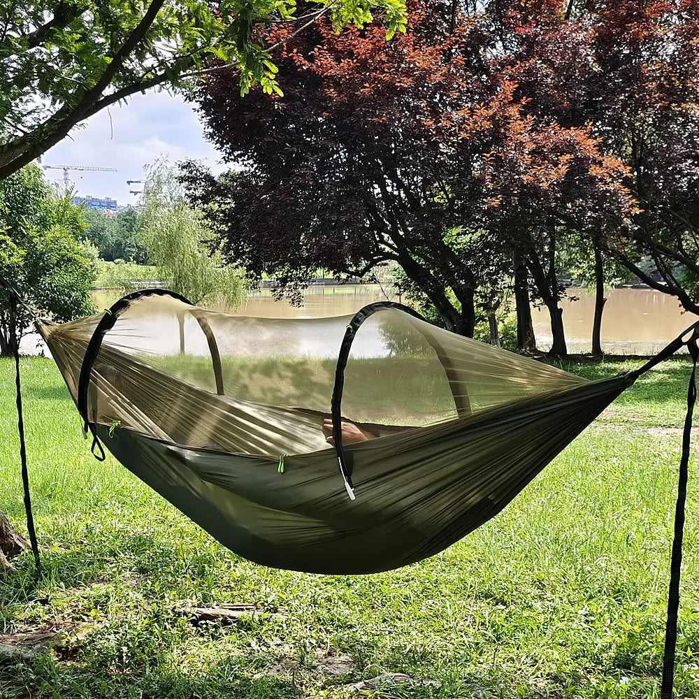 Portable Outdoor Camping Hammock with Mosquito Net and Canopy High Strength Parachute- Fabric Hanging Bed Hunting Sleeping Swing