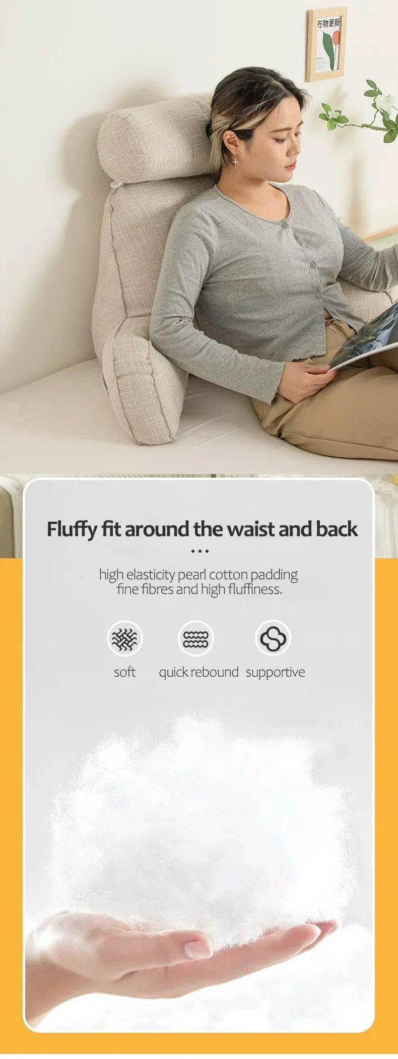 Reading Study Pillow,Bed Wedge with Arms and Pockets Bolster Back Support, Lumbar for Sofa,Office Chair Decorative Pillow