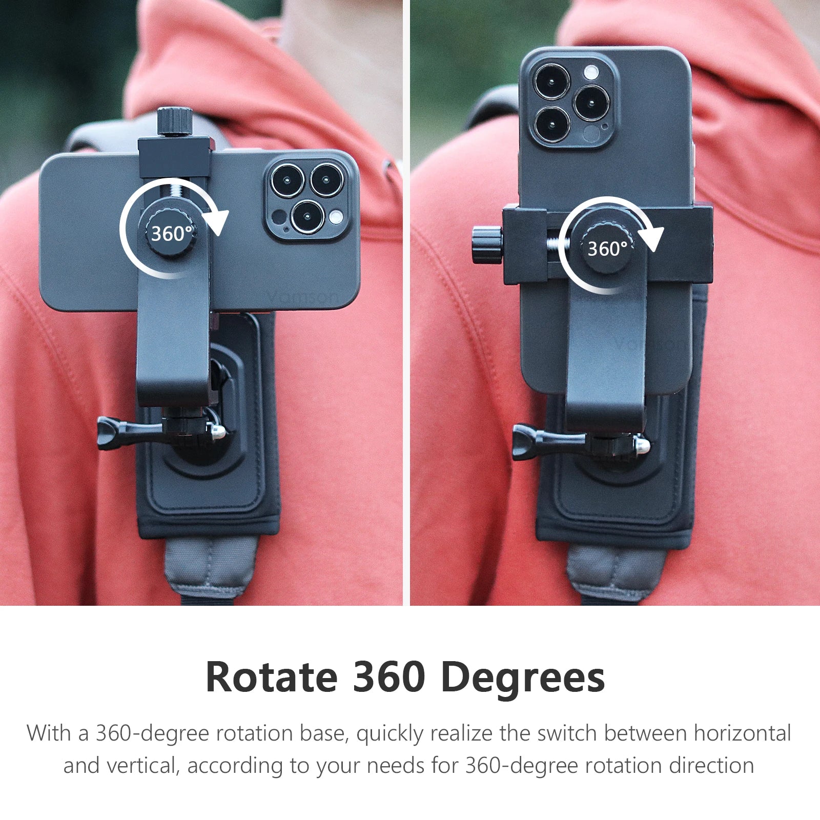 360 Degree Rotary Mobile Phone Backpack Clip Holder for Smartphones CellPhone Chest Shoulder Fixed Mount for iPhone 14