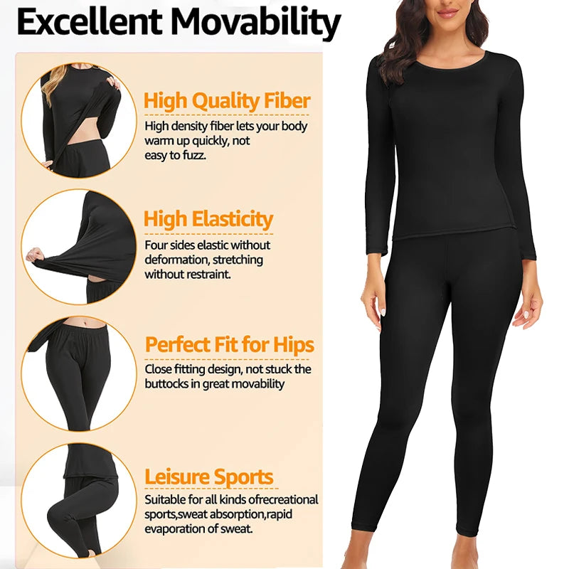 Thermal Underwear Black  for Women Long Johns Base Layer Cold Weather Top Bottom Ultra-Soft Women's Underwear Set