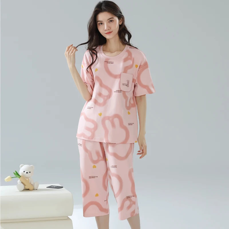 2-Pcs Women’s Summer Cotton Pajama Set – Short Sleeve Top & Calf-Length Pants with Cute Prints
