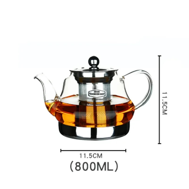 Heat Resistant Glass Teapot with Stainless Steel Filter Large Capacity Induction Kettle 1.2L