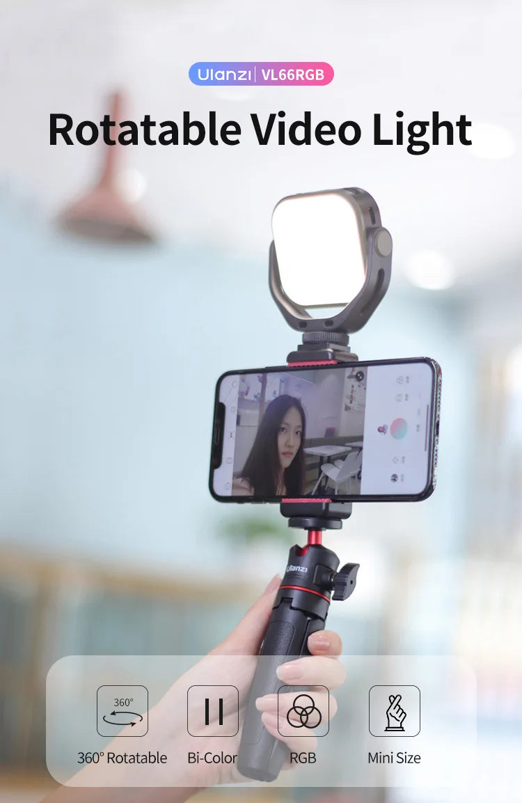 VL66 RGB Video Light – 360° Rotatable Bi-Color 2500-6500K CRI95+ Rechargeable Fill Light for DSLR, SLR & Smartphones
