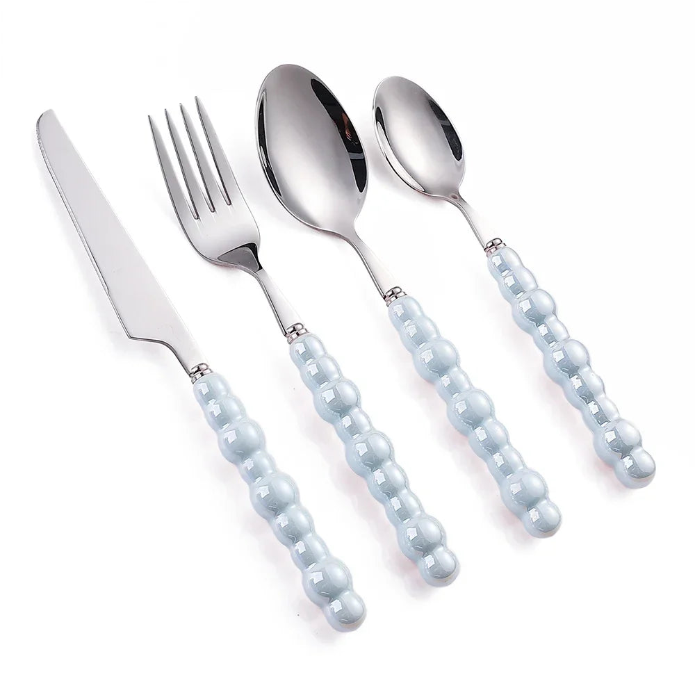 4Pcs Luxury Dinnerware Set Ceramic Pearl Handle Stainless Steel Spoon and Fork Set Western Silver Cutlery High-looking Tableware