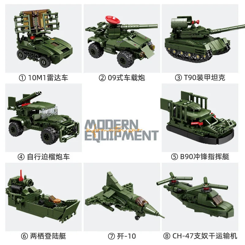 8IN1 Military WW2 War T90 Battle Tank  Building Blocks Army Weapon Bricks Educational Toys For s s Games