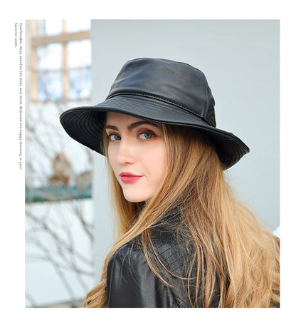 Spring Winter Japanese Women Genuine Leather Bucket Hats Black Fisherman Caps Easy Carry Street Bonnet