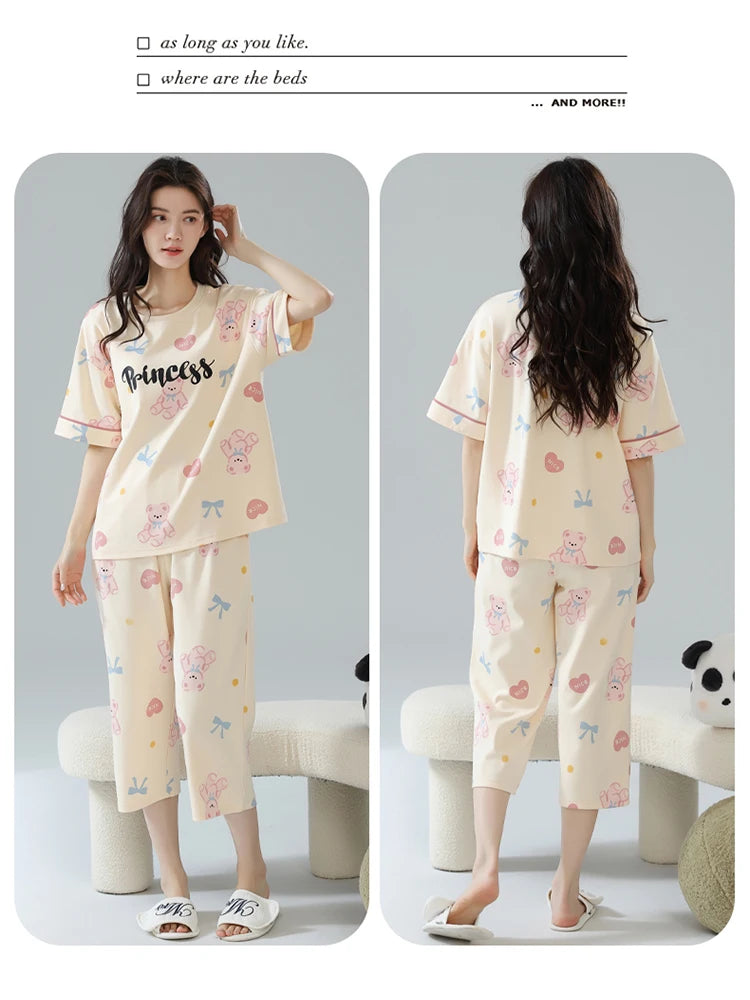 2-Pcs Women’s Summer Cotton Pajama Set – Breathable Short Sleeve Sleepwear with Cute Prints