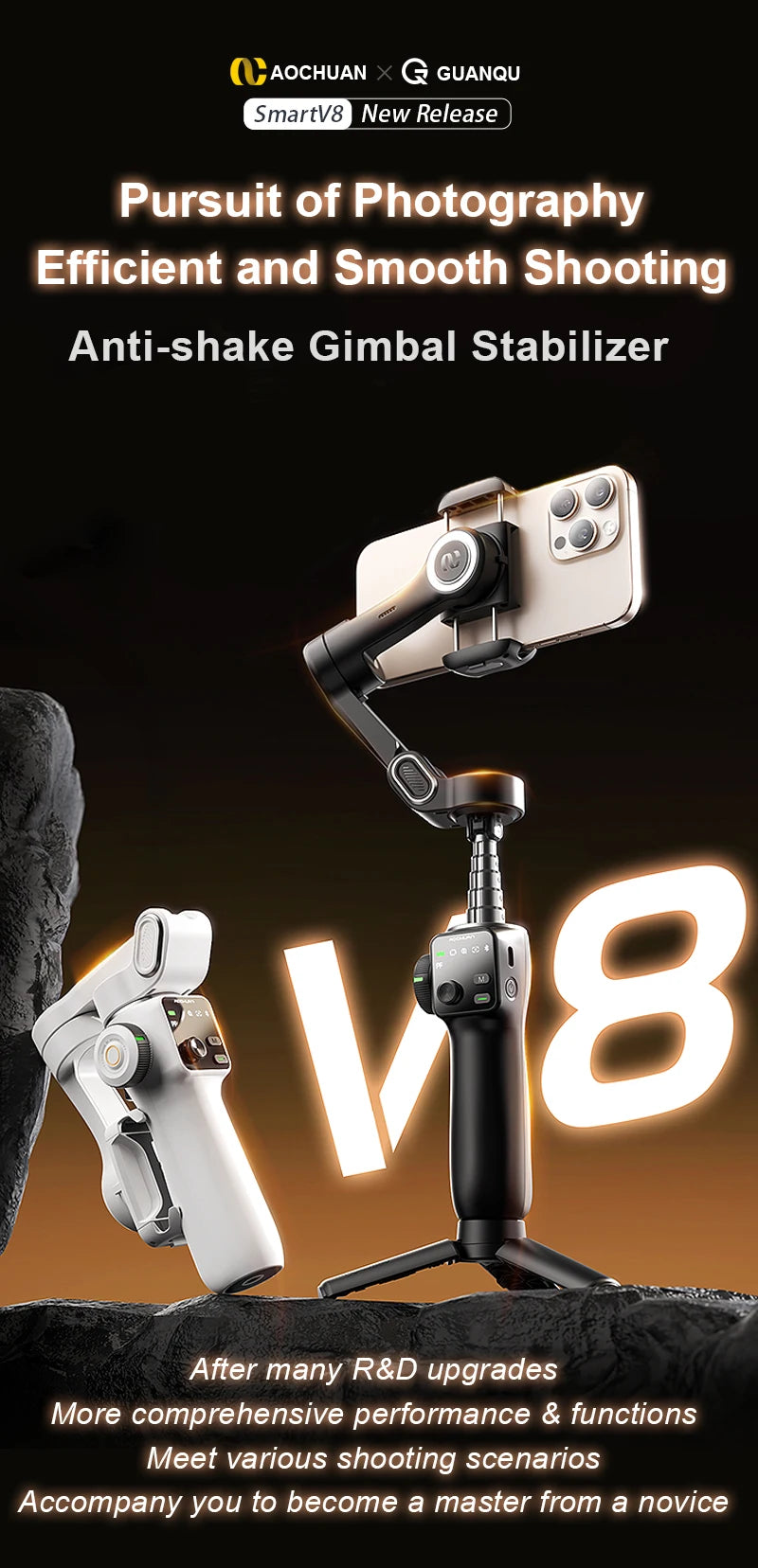 3-Axis Handheld Gimbal Phone Stabilizer with Extension Rod  8.0 Anti Shake Face Tracking for Phone Outdoor Shooting Vlog