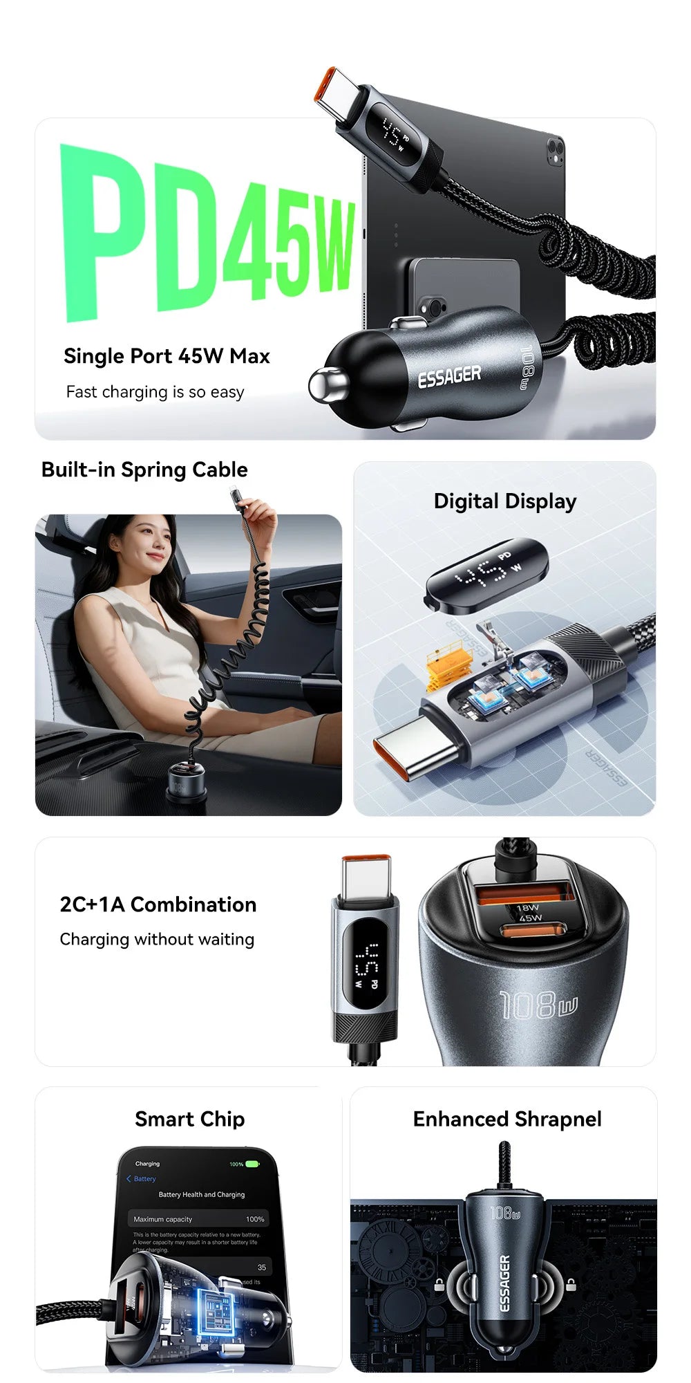108W Car Charger PD Fast Charging 2 USB C + USB A with Digital Display Spring Cable