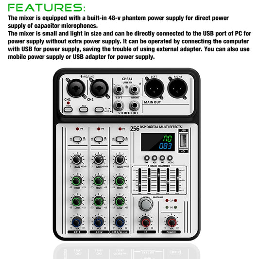 4 Channel Audio Mixer With 256 DSP Effects USB Bluetooth And 48V Phantom Power