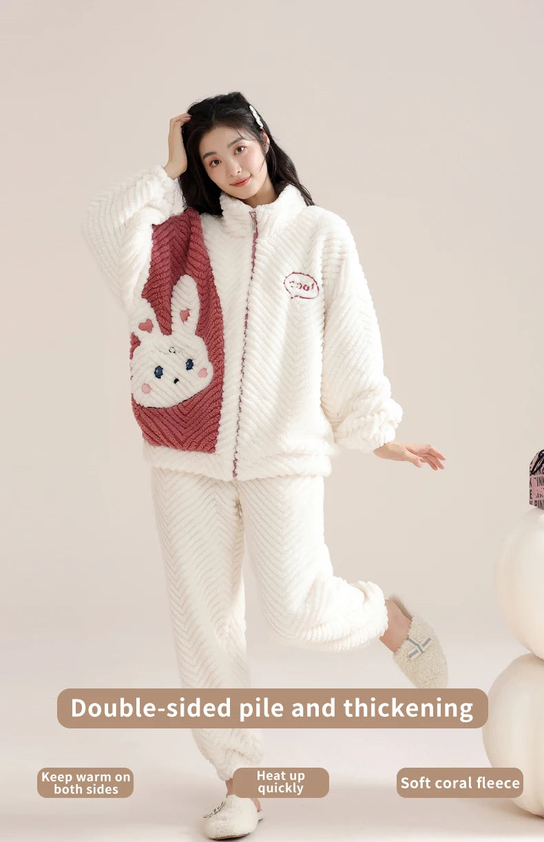 Women’s Winter Flannel Pajama Set – Warm Coral Fleece Loungewear with Cute Bunny Design