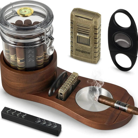 Cigar Humidor, Solid Wood Cigar Ashtray & Acrylic Cigar Jar Kit with Cigar Cutter, Humidifier and Dropper, Holds 18-20 Cigars