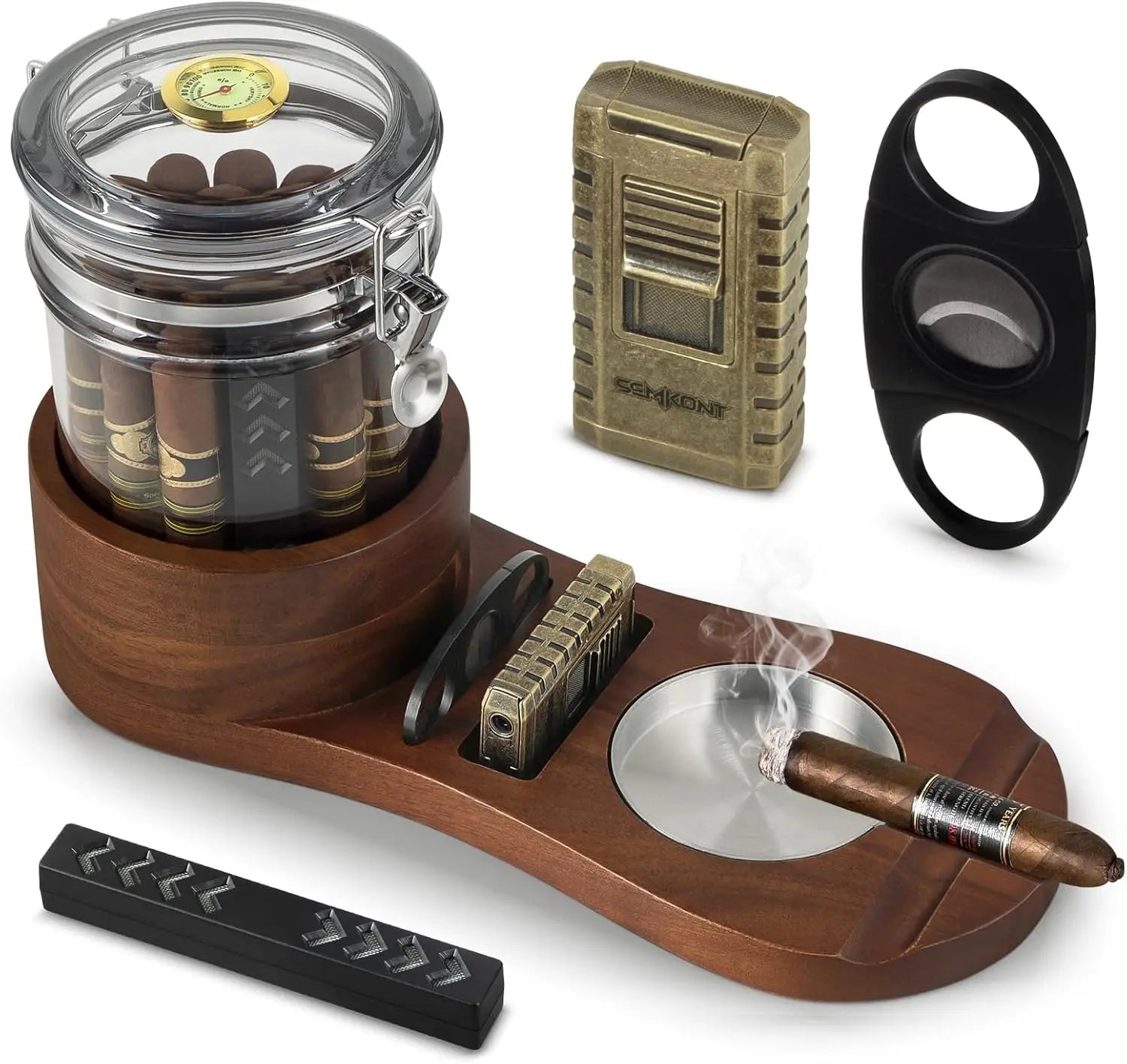 Cigar Humidor, Solid Wood Cigar Ashtray & Acrylic Cigar Jar Kit with Cigar Cutter, Humidifier and Dropper, Holds 18-20 Cigars