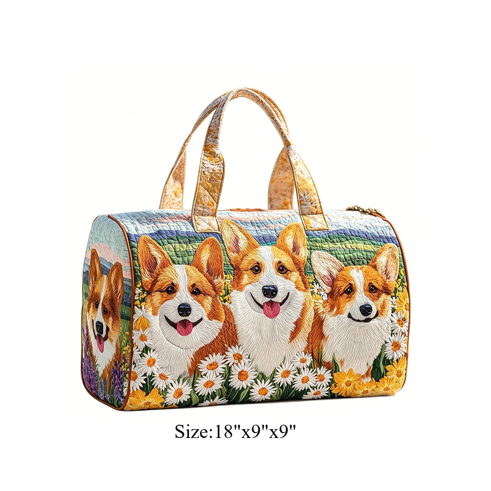Cute Corgi Dog Print Quilted Duffel Bag Women 3D Puppy Print Travel Weekender Casual Gym Sports Overnight Carry On Bags