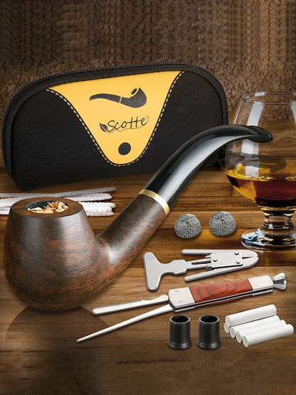 Tobacco Pipe Handmade Ebony Wood Root Pipe Gift Box and Accessories