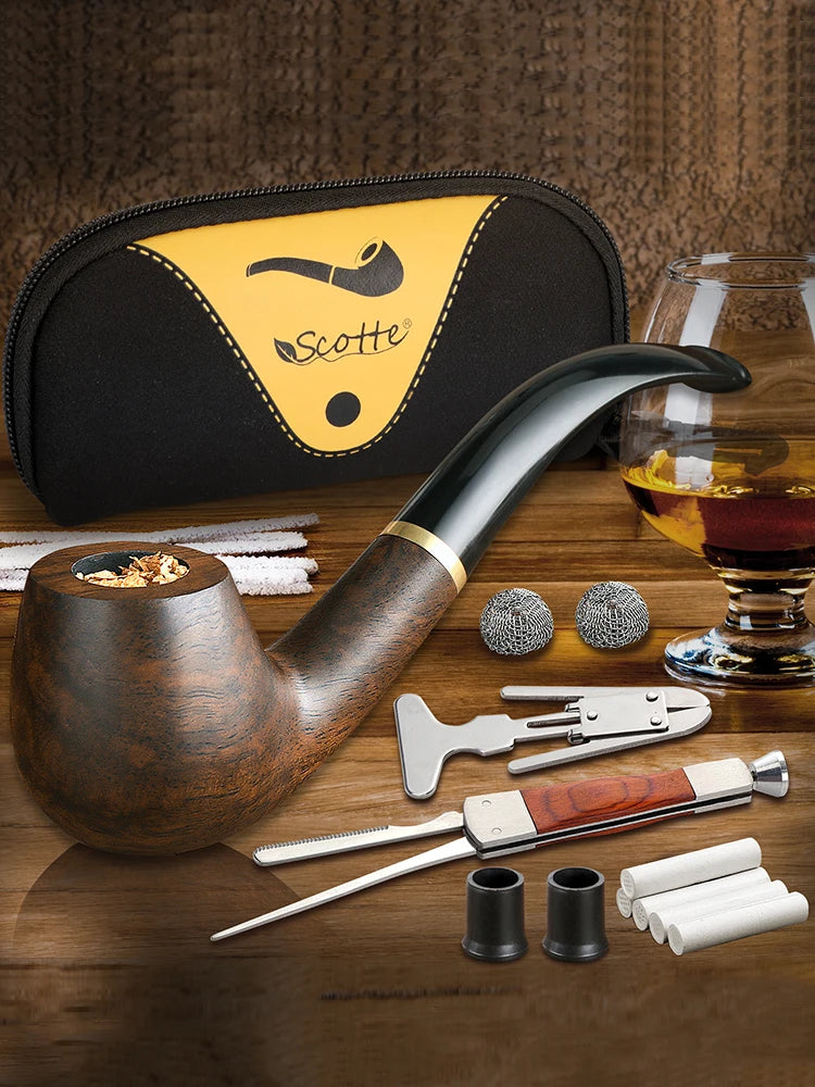 Tobacco Pipe Handmade Ebony Wood Root Smoking Pipe Gift Box and Accessories
