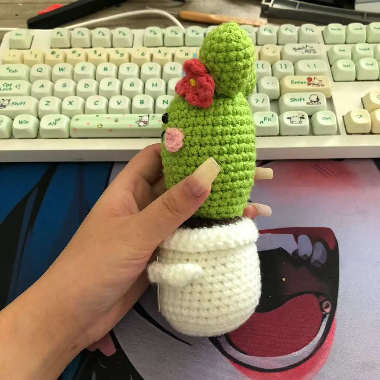 2 Pcs Funny Handmade Knitted Cactus Plants Ornament Home Room Decor Crochet Positive Cactus Doll With Emotional Card Christmas Gift