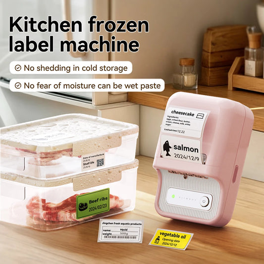 B21 Kitchen Label Printer, Bluetooth Wireless Thermal Label Maker 20–50mm, Inkless Freezer Sticker Printer for Home & Food Storage