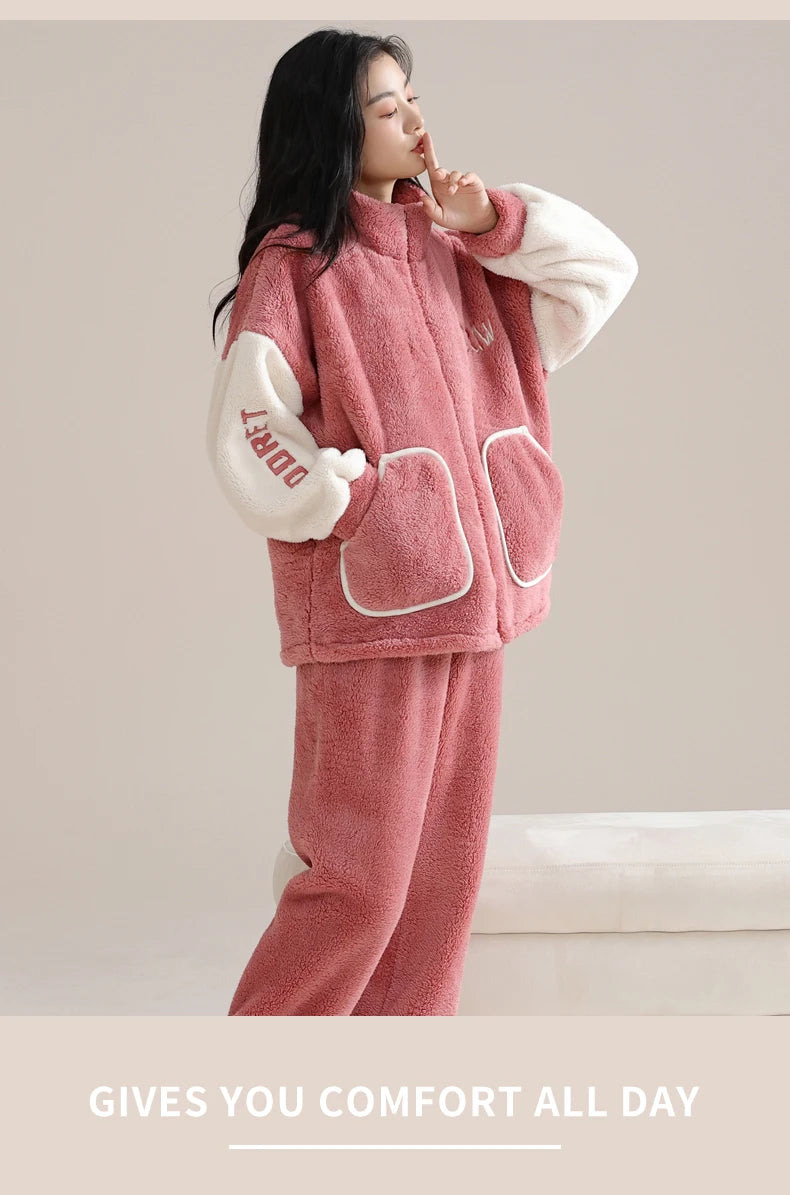 Women’s Winter Flannel Pajama Set – Thick, Soft Coral Fleece with Zipper & Oversized Fit