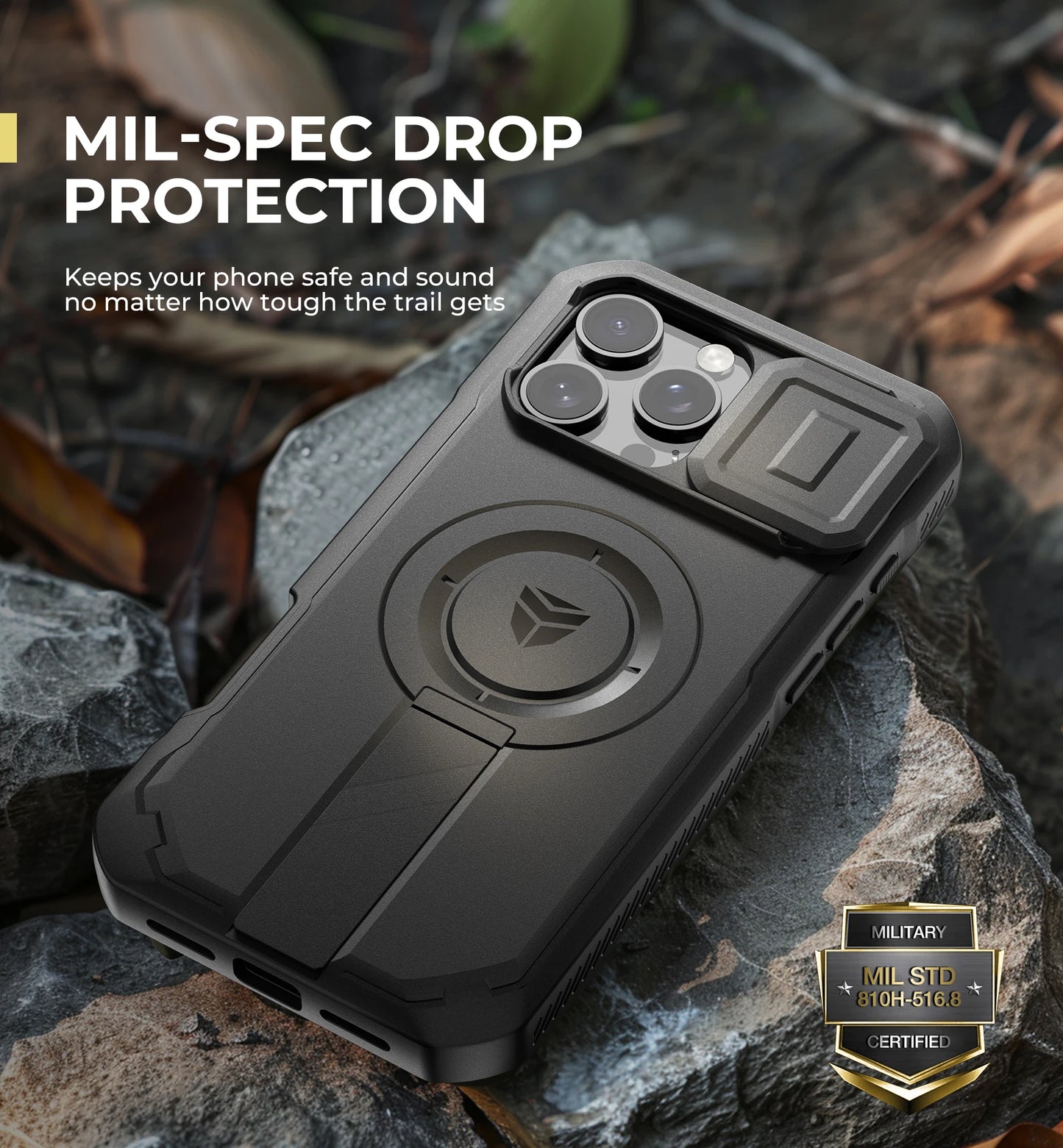 For iPhone 16 Pro Max Rugged Armor Shockproof Case with Built-in Sliding Camera Cover and Built-in Screen Protector Kickstand