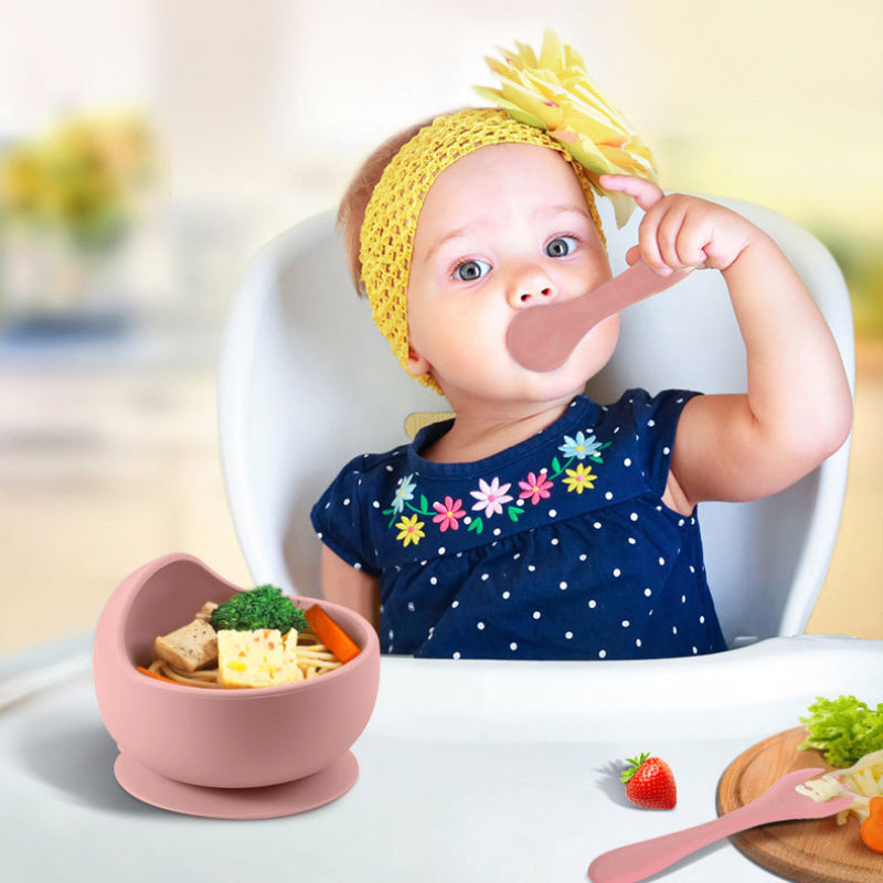 Food Grade Baby Silicone Bowl Solid Color Suction Bowl Toddler Feeding Bowl Spoon Fork Anti-Slip Infant Tableware Set Kid Dishes