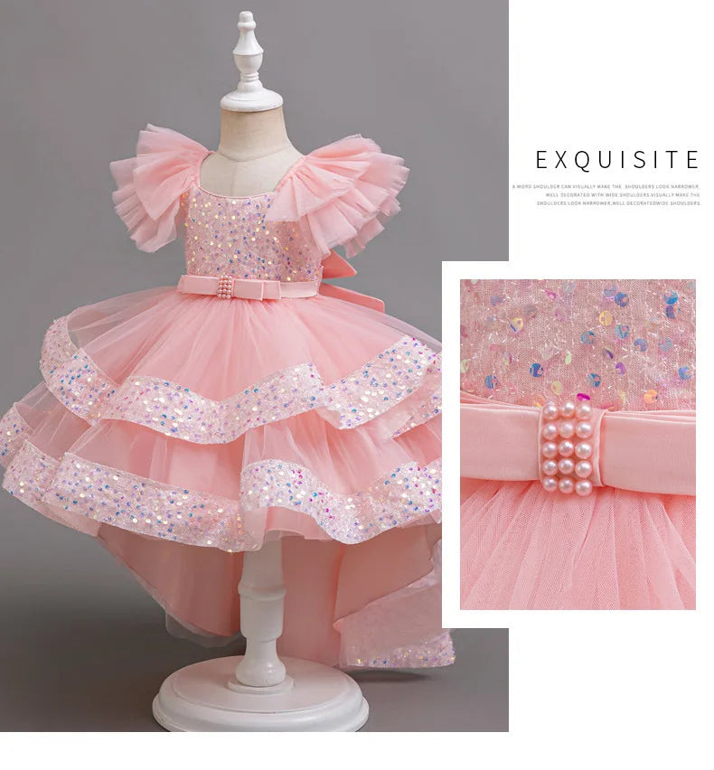 Sparkling Girls' Evening Gown - Sequin Dress with Train for Birthday Party & Piano Recital