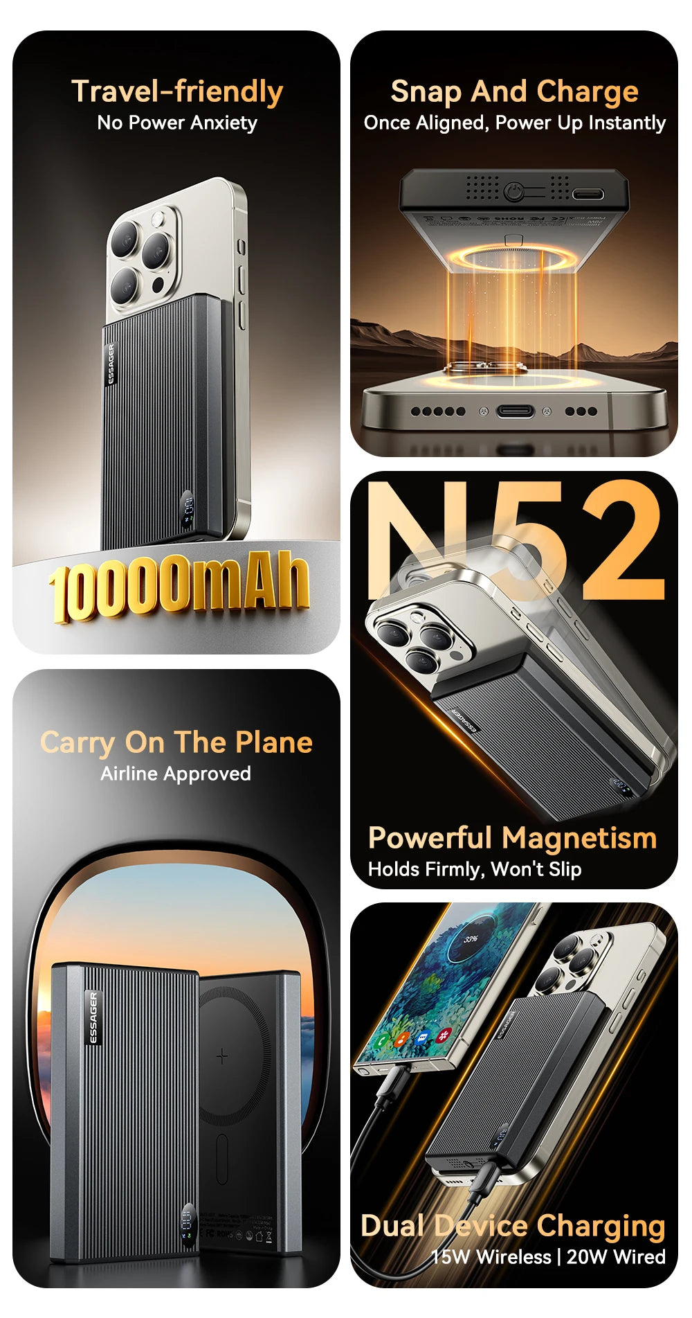10000mAh Magnetic Power Bank 20W PD Wireless Fast Charging Slim Portable Charger for iPhone MagSafe