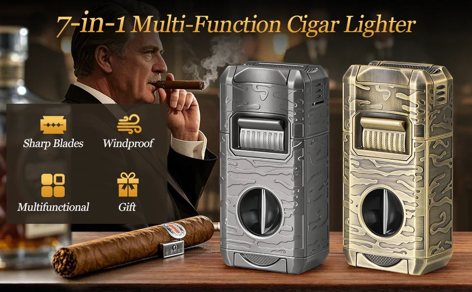 Cigar Lighter, 7-in-1 Cigar Lighter, Dual-Flame Windproof, Built-in Dual Punch, V-Cut, Flat Cut, Cigar Holder (No Butane)