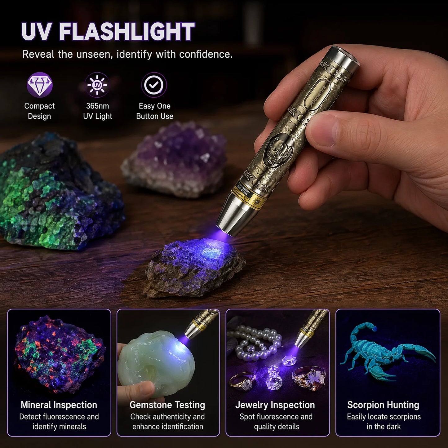 3 In 1 White Yellow UV 365nm LED Detection Flashlight