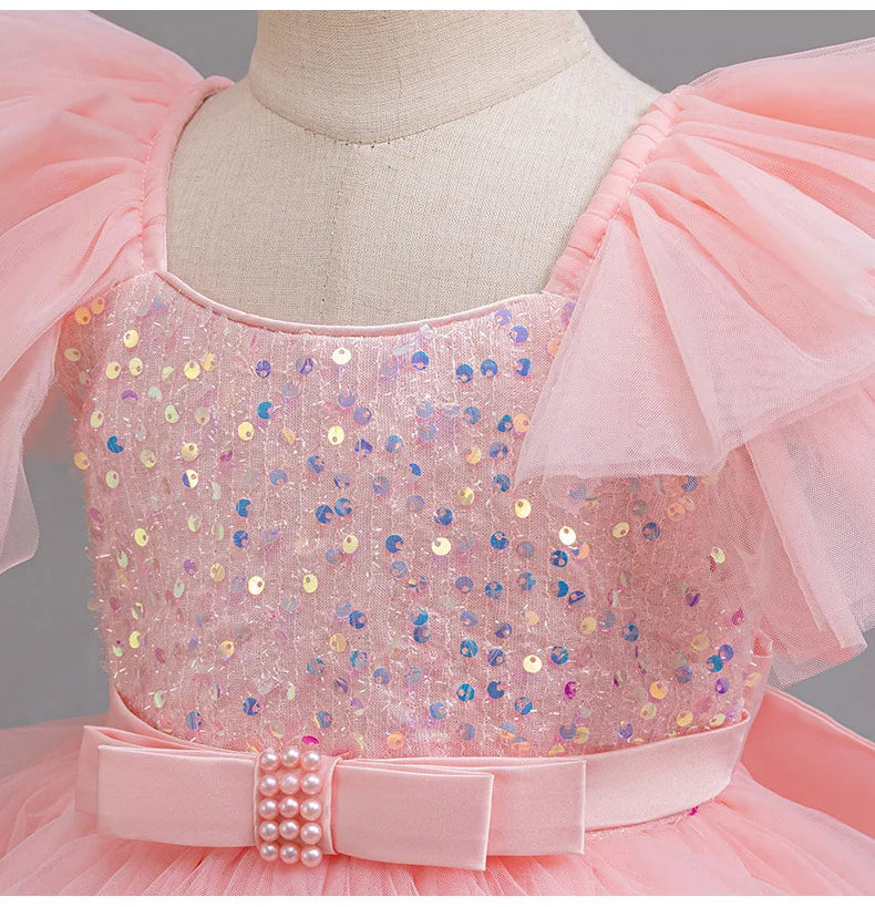 Sparkling Girls' Evening Gown - Sequin Dress with Train for Birthday Party & Piano Recital