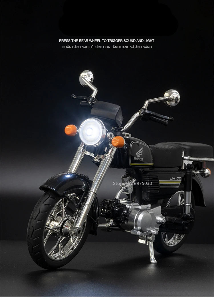1/10 Scale Honda JiaLing JH-70 Alloy Classic Motorcycle Toys Diecast Simulation Metal Motorcycle Sound and Light Model