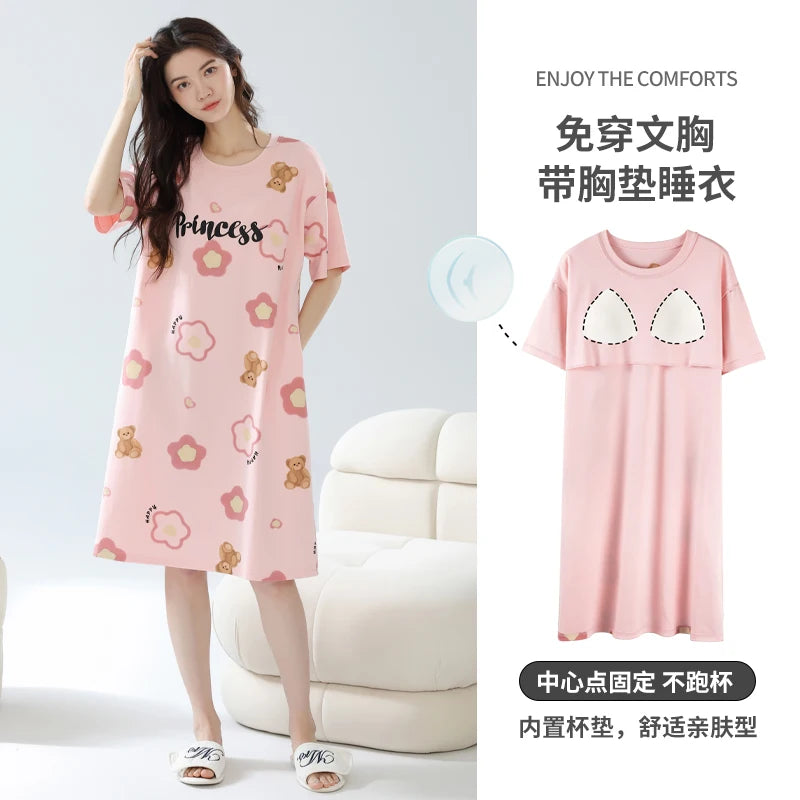 Women’s Cotton Nightgown – Korean Style Cute Print, Summer Short Sleeve Sleepwear Dress