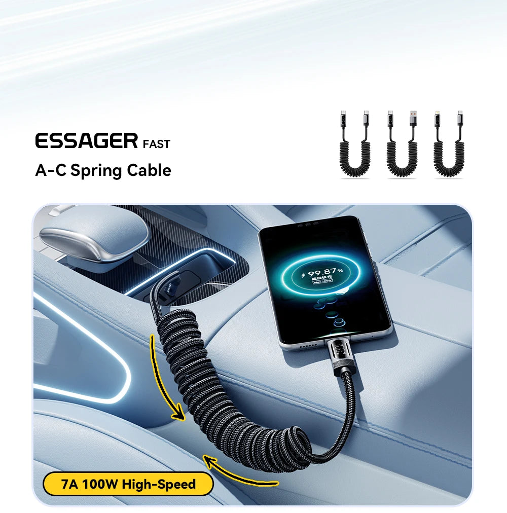 100W Retractable Spring USB-C to USB-C Fast Charging Cable