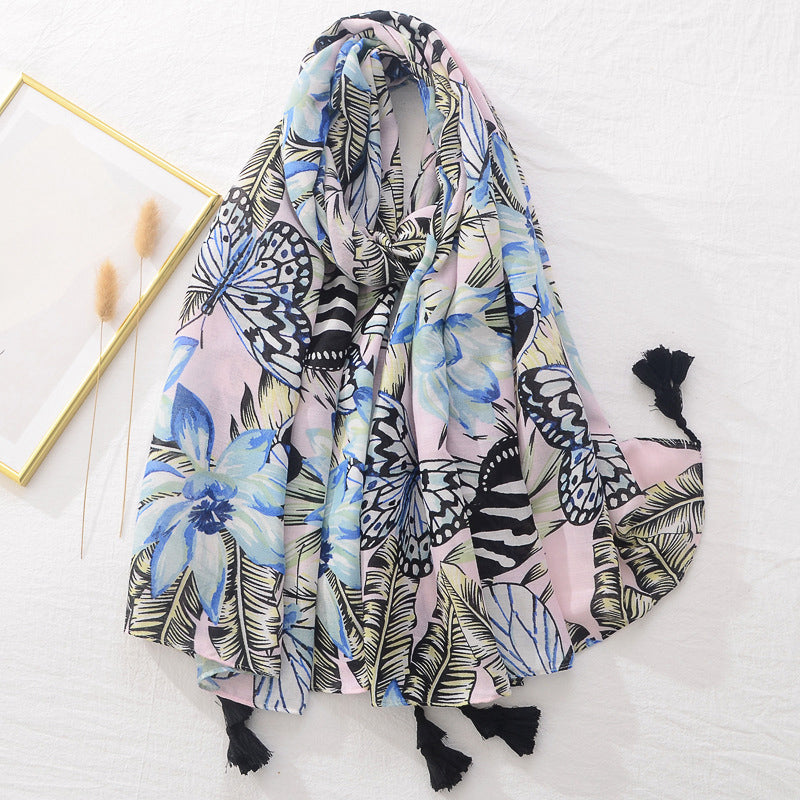Spring Scarf Pink Blue Floral Paisley Printed Scarves Women Lady Girl Cotton Linen Bohemian Scarf For Summer Beach Shawl Bandana