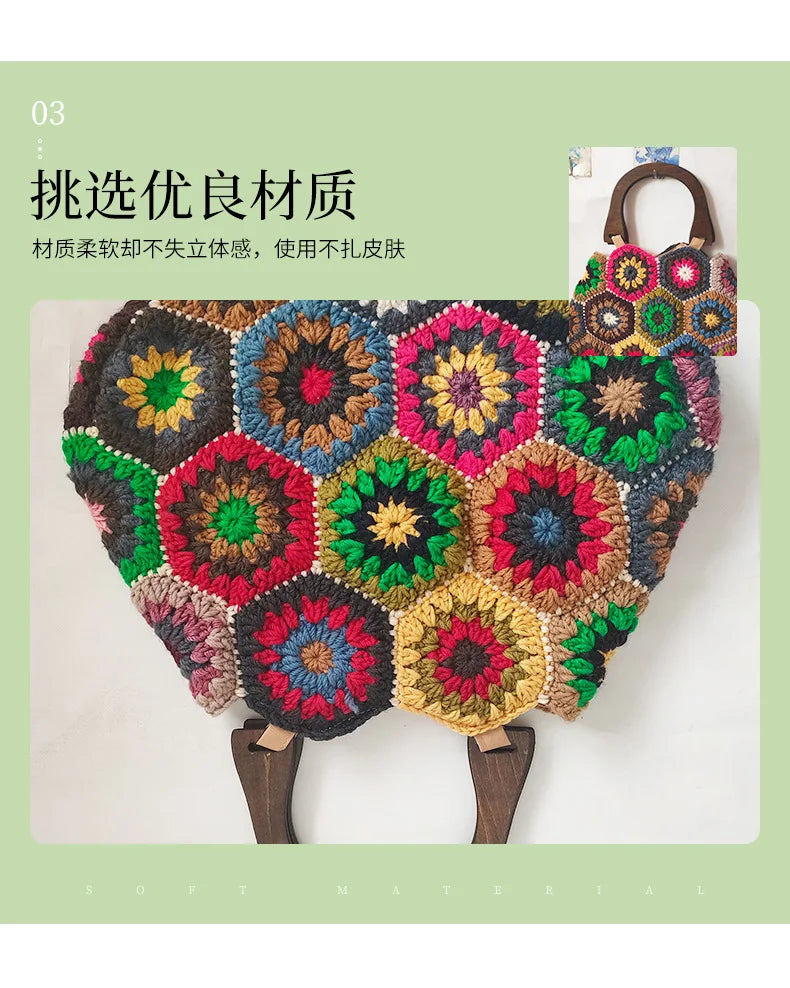 Bohemian Granny Square Crochet Tote Bag Handmade Knitted Shopper Handbag