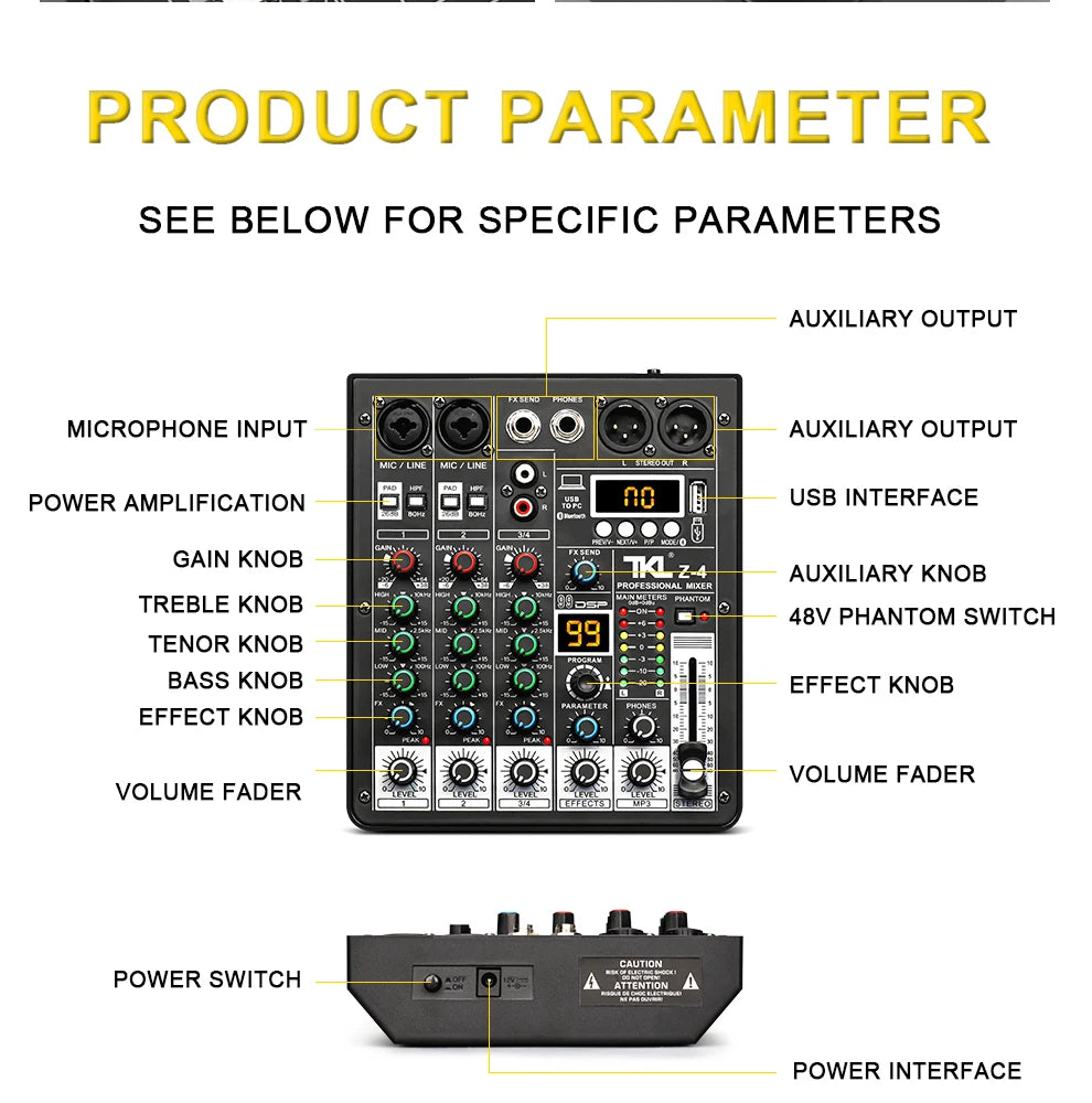 4 Channel Audio Mixer With 99 DSP Effects Bluetooth USB And 48V Phantom Power