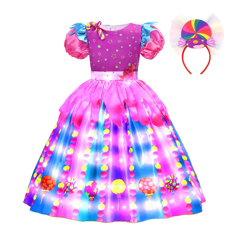 LED Light Up Princess Candy Dress For Girl Lollipop Party Clothing Kids Cosplay Costume New Years Dress 2-10Y