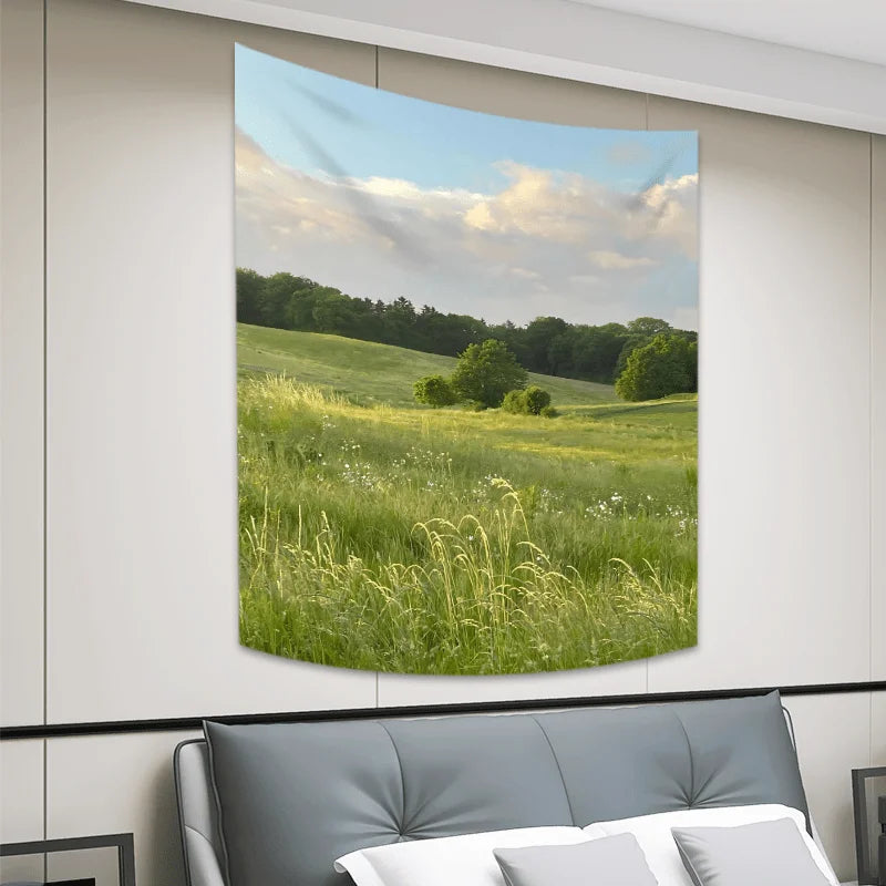 Rustic Landscape Tapestry Layered Petals & Grass Texture Living Room Sofa Accent Wall Room Decor Cozy Home