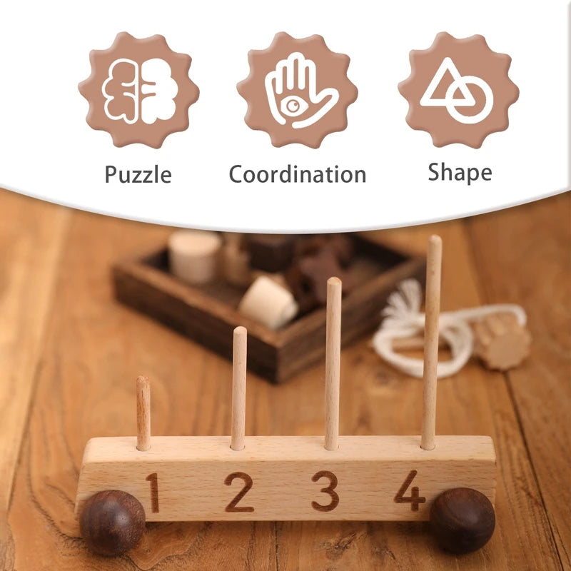 Montessori Thread Toys for Children Educational Baby Puzzle Interactive Toy Car for Kids Different Shapes Wooden Building Blocks