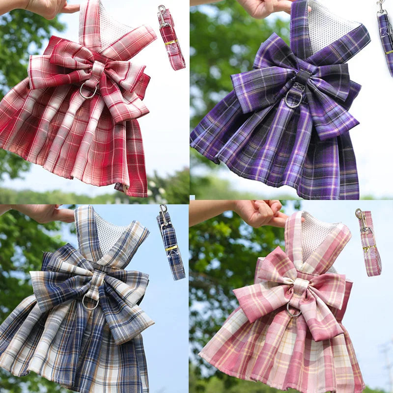 Dog Dress Harnesses with Leash Set Plaid Puppy Girl Skirt Doggy Dresses with Leash Ring Doggie Clothes for Small Medium Dogs