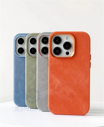 Magnetic Flannel Fiber Shockproof Leather Case For iPhone 15 14 Plus 13 16 Pro Max Slim Cover For Magsafe Wireless Charge Bag