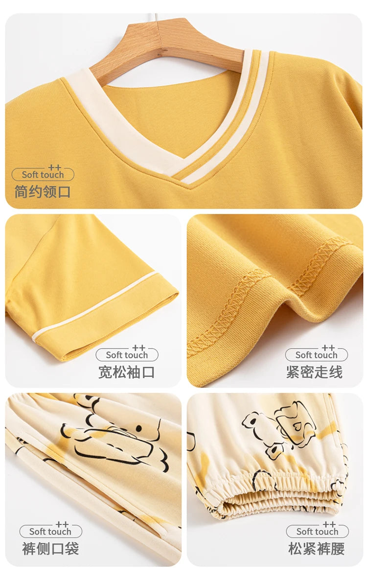 2-Pcs Women’s Summer Cotton Pajama Set – Short Sleeve Top & Calf-Length Pants with Cute Prints