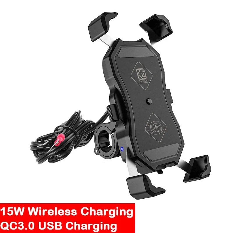 Motorcycle Fork Stem Wireless Charger 15W Qi/USB Quick Charge Phone Holder Handlebar Mirror Mount with 1" Ball for 3.5"-6.8"