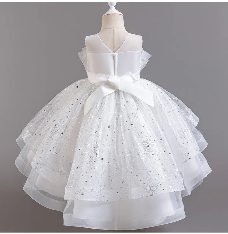 Elegant Girls' Performance Gown - Sleeveless Tulle Dress with Train for Piano Recital & Walk Show
