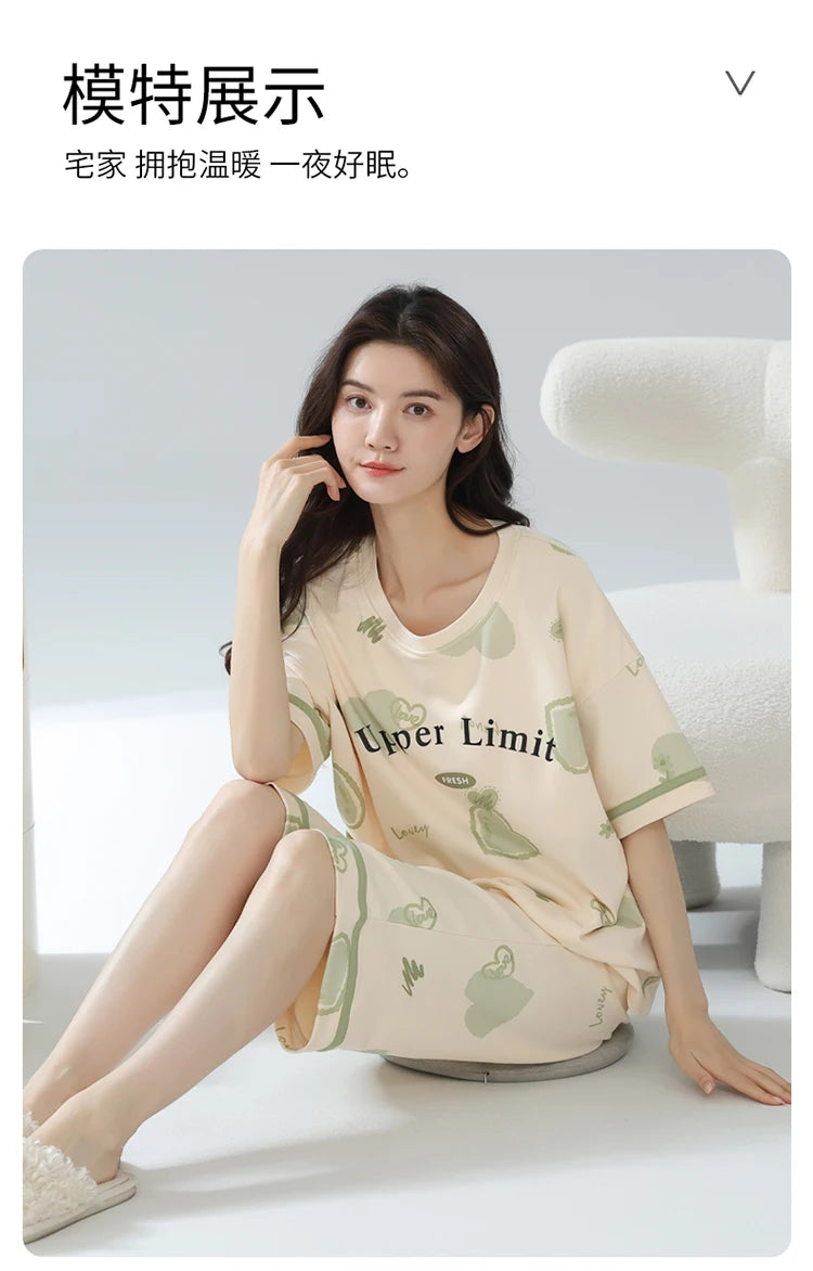 2-Pcs Women’s Summer Cotton Pajama Set – Breathable Short Sleeve Sleepwear with Cute Prints