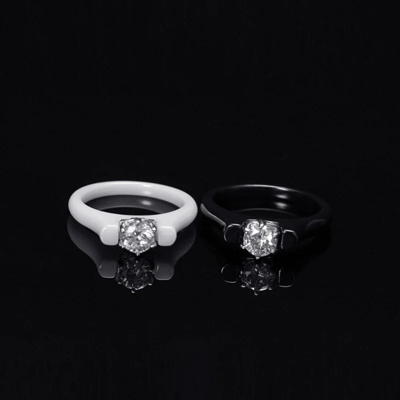 Shinny Cubic Zirconia Ceramic Ring For Women Black/White Color Engagement Wedding Couple Rings