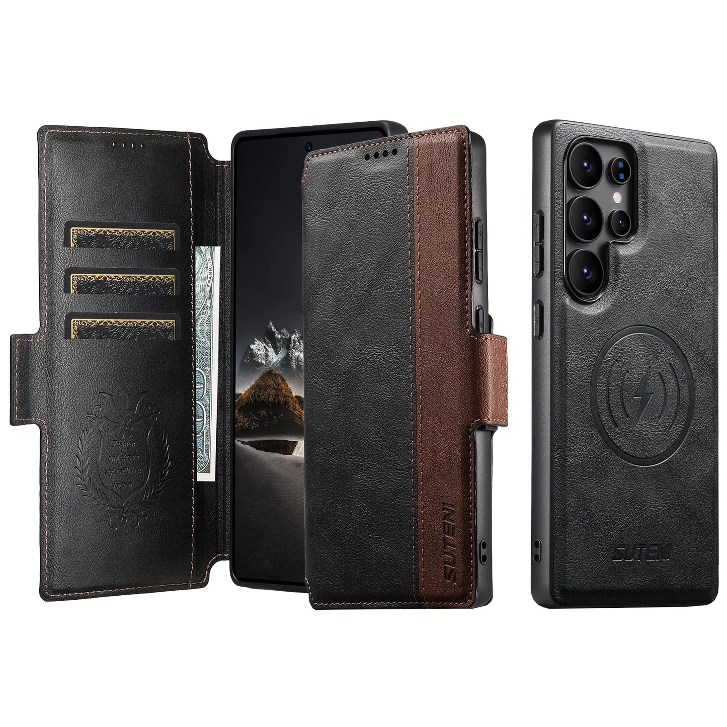 Magnetic Flip Wallet Case with Card Holder & Stand for Samsung Galaxy S26 Ultra / S25 / S24 / S23 – Faux Leather Wireless Charging Cover